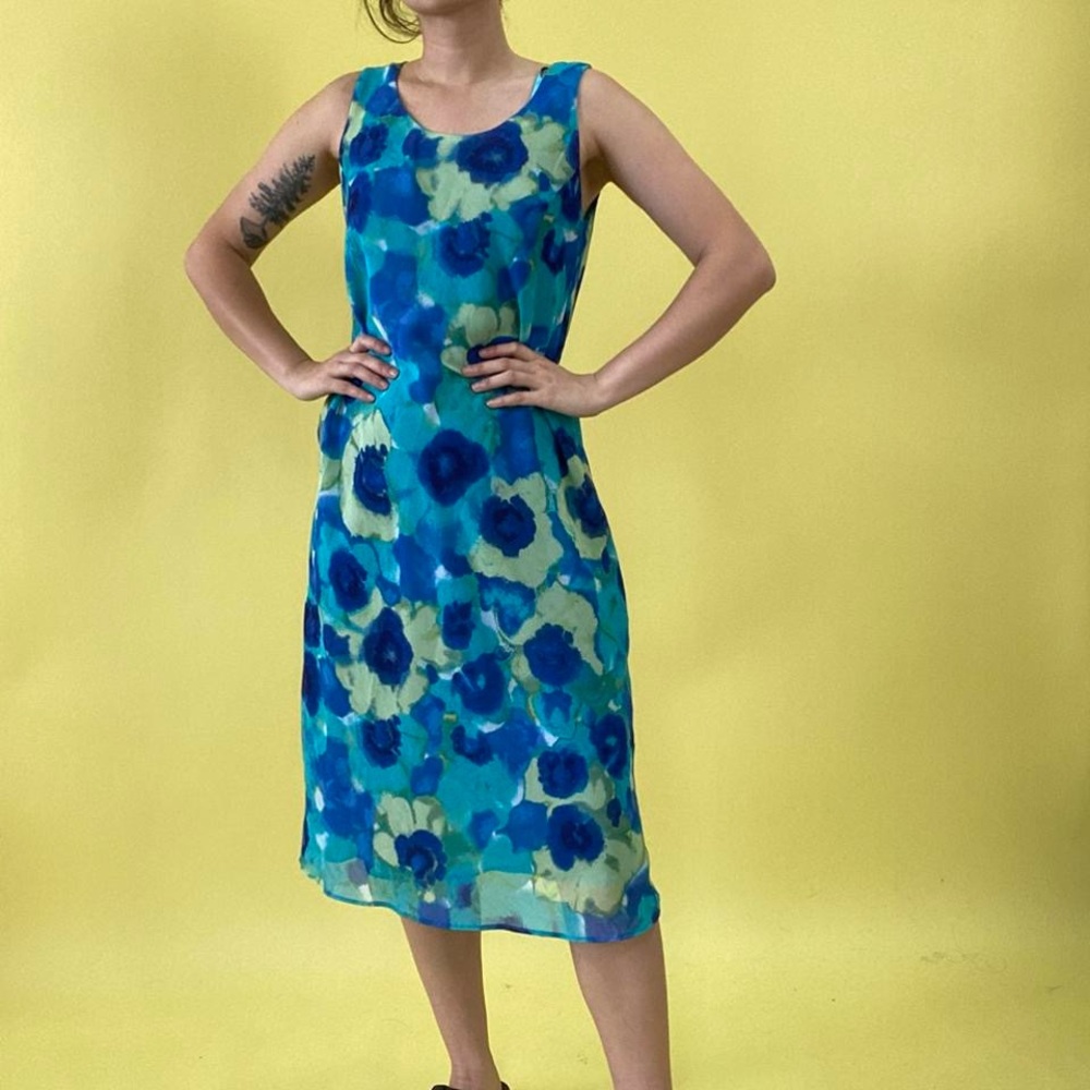 Floral Blue and Green Sleeveless Dress
